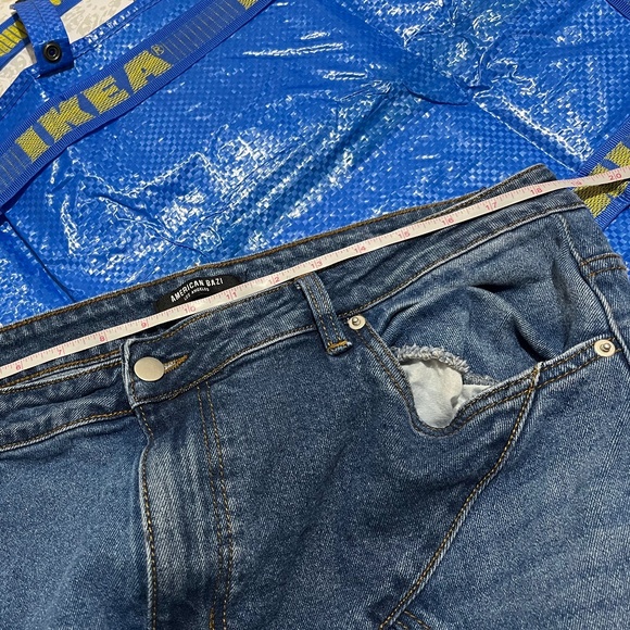 American Bazi Los Angeles Women Blue Patchwork Straight Leg Raw Hem Jeans Sz-2X - Picture 7 of 7